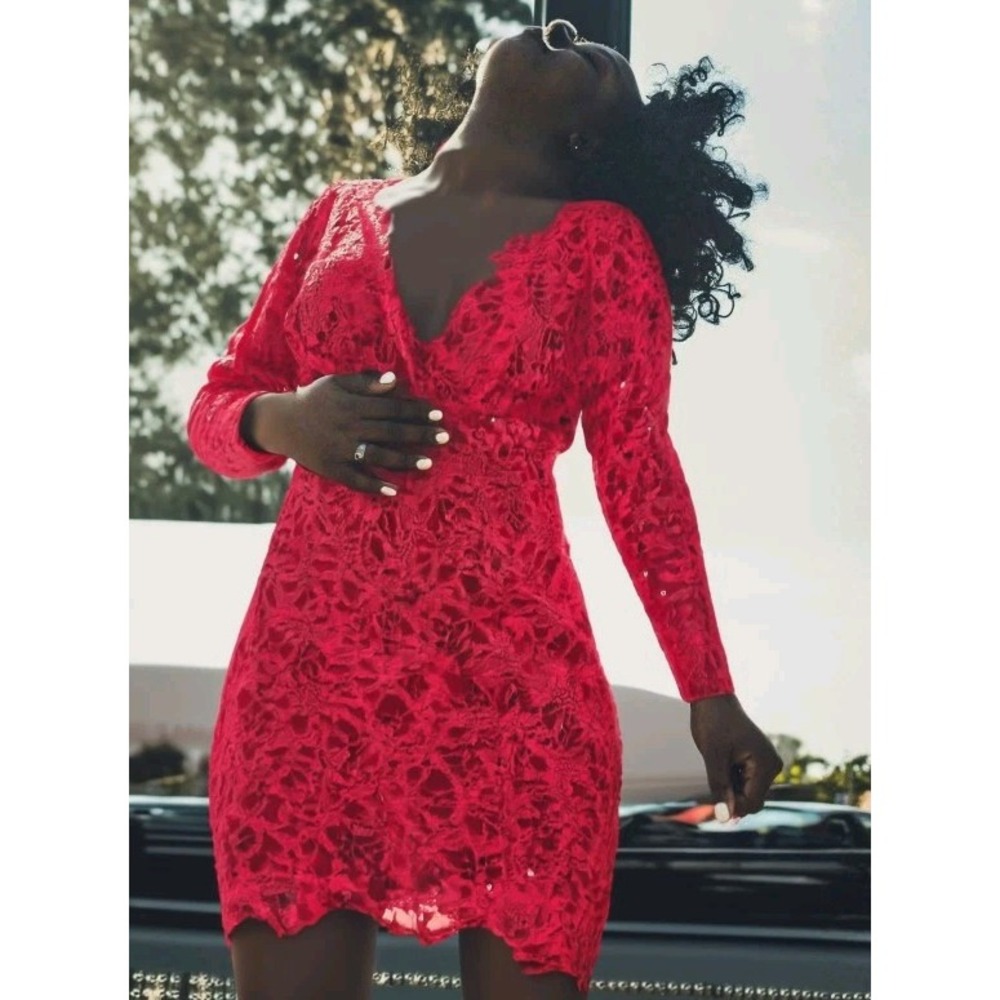 Blu Sage 10p Sequin Dress Womens  Pink Red Lace Cocktail Mother of Bride Stretch